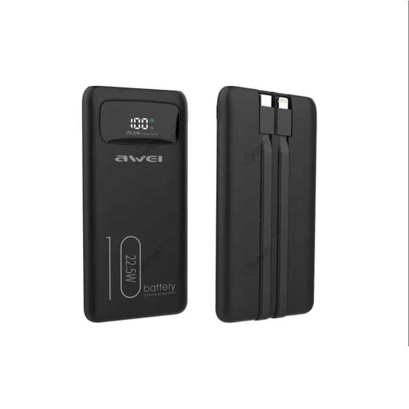 Awei P168K 10000mAh 22.5W Fast Charging Power Bank with Built-in Cables | Type-C, Lightning & USB-A