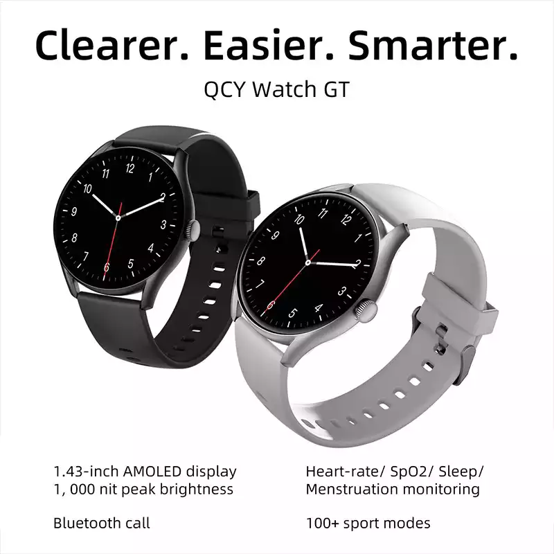QCY GT Smartwatch – 1.43" Retina AMOLED Display, Always-On, 100+ Watch Faces, Bluetooth Calling, Full Touchscreen, 1000 Nits Brightness